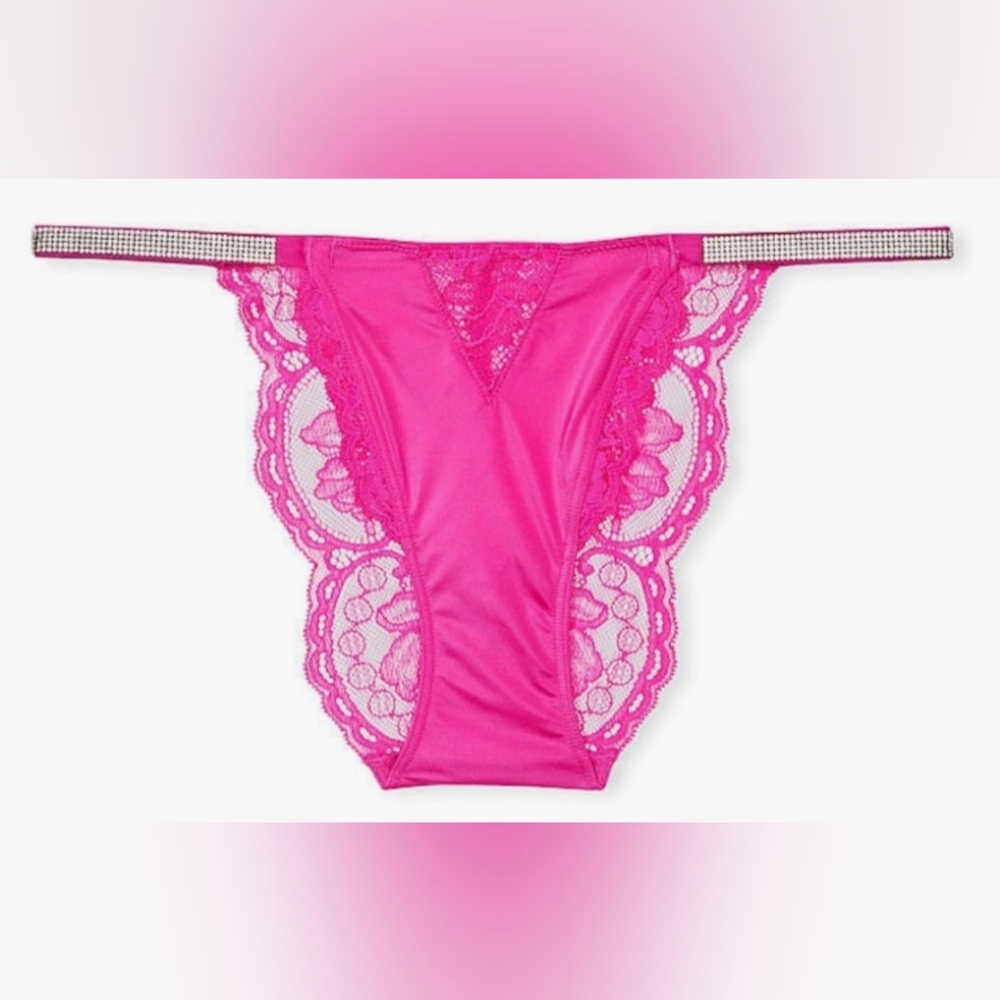 M Victoria's Secret Shine Strap Satin Lace Brazilian Panty Pink